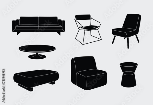 Modern contemporary black vector furniture icons for interior design and architecture scalable eps illustration vector illustration white background