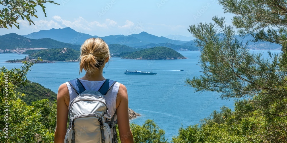 Fototapeta premium Female Hiker with Backpack Enjoying Coastal Views, Embracing Nature s Beauty and Adventure Outdoors