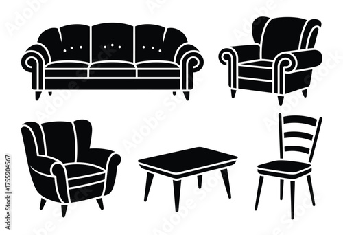 Classic black vector furniture set sofa armchair chair coffee table scalable eps illustration vector illustration white background