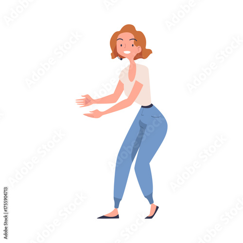 Woman Character Talking about Something Standing and Speaking Vector Illustration