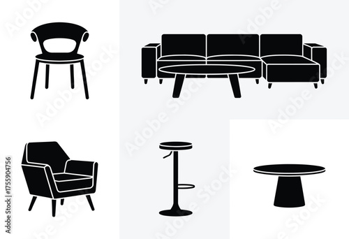Modern furniture silhouettes vector pack scalable eps icons for interior design and decor projects vector illustration white background