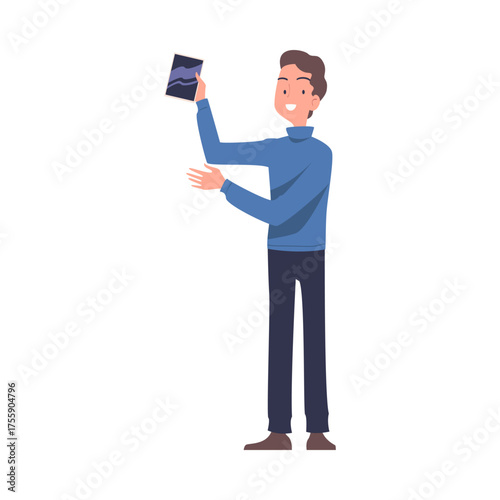Man Character Talking about New Tablet Standing and Speaking Vector Illustration