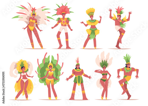 People at Brazilian Carnival Dressed Colorful Feather Outfit Dancing Vector Set