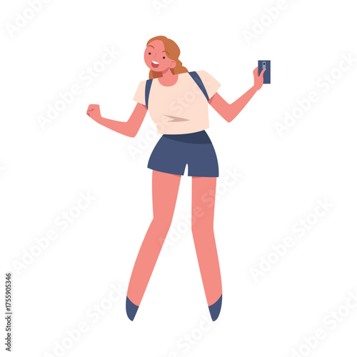 Woman Tourist with Smartphone at Brazilian Carnival Dancing Vector Illustration