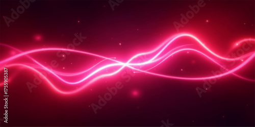 Abstract glowing neon pink wave energy flow with sparkling particles on dark background