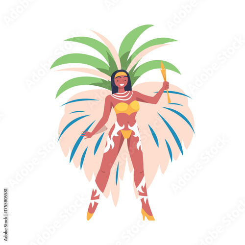 Woman Dancer at Brazilian Carnival Dressed in Colorful Feather Outfit Dancing Vector Illustration