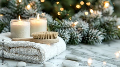Tranquil Holiday Spa Arrangement on Elegant Marble, Surrounded by Candlelight and Fresh Greenery