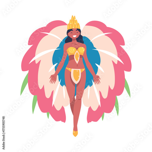 Woman Dancer at Brazilian Carnival Dressed in Colorful Feather Outfit Dancing Vector Illustration