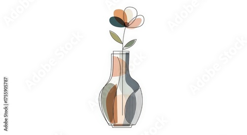 Minimalist line art illustration of a single flower in a transparent glass vase with muted color accents.