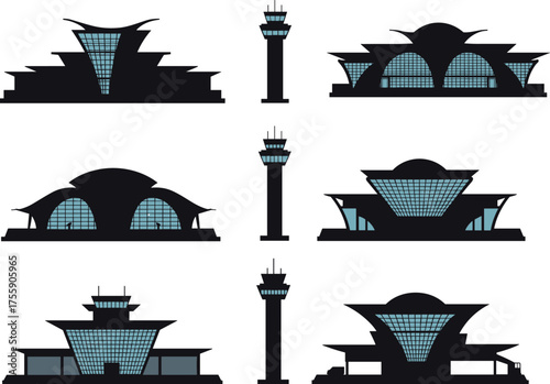 Modern airport terminal building illustration set with control tower, glass architecture, aviation infrastructure design, transportation hub silhouette, travel concept, vector isolated 