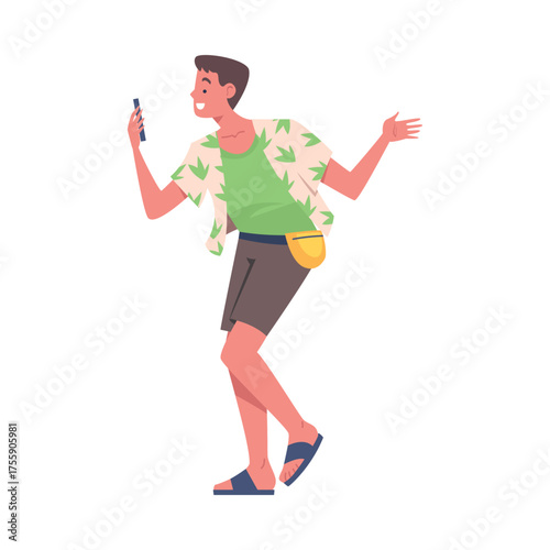 Man Tourist with Smartphone at Brazilian Carnival Dancing Vector Illustration
