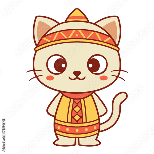 Cute Cat Dressed in Ethnic Costume, Adorable Feline Character Illustration