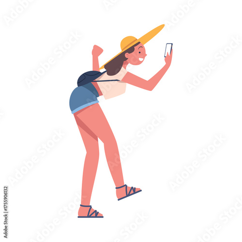 Woman Tourist with Smartphone at Brazilian Carnival Dancing Vector Illustration
