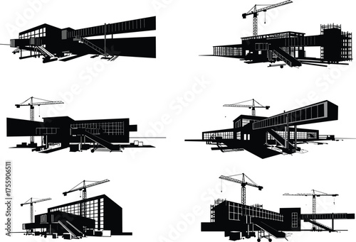 Modern airport terminal construction site with cranes, jet bridges, boarding gates, architecture design, infrastructure development, engineering project, aviation building, transportation 