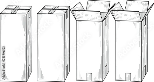 Line art of cardboard boxes in various stages of opening and closing