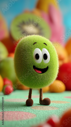 Happy 3D Cartoon Kiwi Character with a Smiling Face on a Textured Surface and Blurred Background . Cute Symbol of Healthy Lifestyle and Organic Food. Copy Space, 9:16 Aspect ratio.