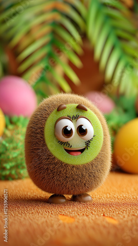 Happy 3D Cartoon Kiwi Character with a Smiling Face on a Textured Surface and Blurred Background. Cute Symbol of Healthy Lifestyle and Organic Food. Copy Space, 9:16 Aspect ratio.