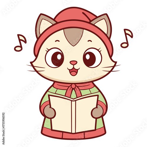 Cute Cartoon Cat Caroling with a Songbook and Festive Attire for Christmas or Holiday Celebrations