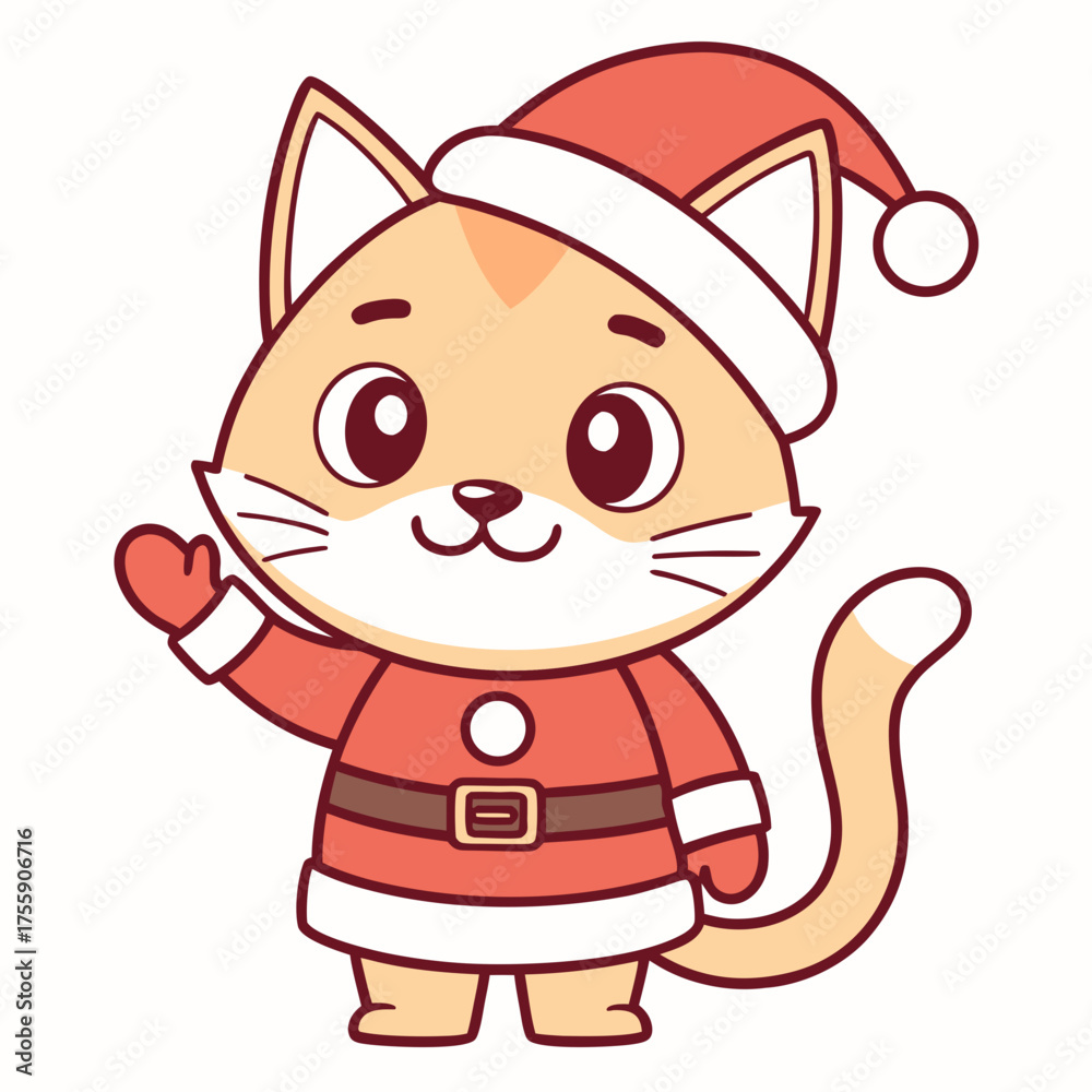 Fototapeta premium Adorable cartoon cat dressed as Santa Claus, waving and wishing Merry Christmas and happy holidays