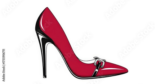 Elegant red high-heeled shoe with a pointed toe and a silver buckle, perfect for fashion.