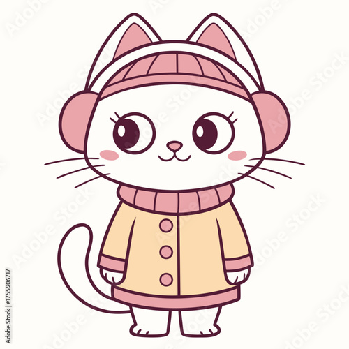 Cute white cat wearing a pink hat and jacket, ready for winter fun, illustration