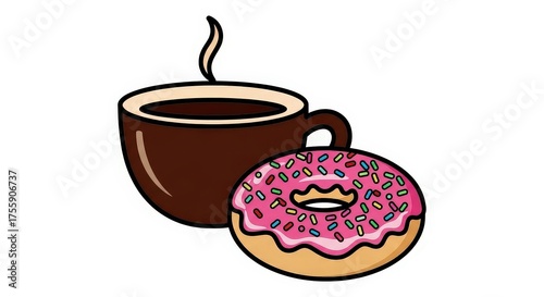 A delicious pink frosted donut with sprinkles sits next to a steaming cup of coffee.