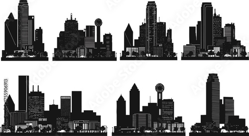 Collection of six city skyline silhouettes with modern architecture, high rise towers, urban buildings, metropolitan horizon, Dallas Texas landmark vector