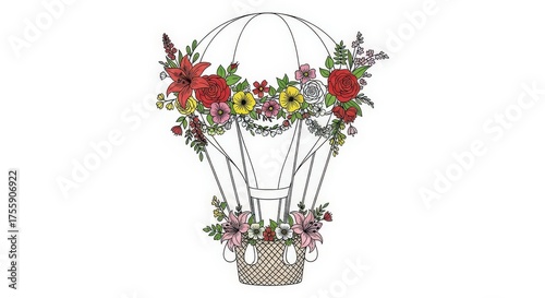 Hot air balloon decorated with flowers, illustration.