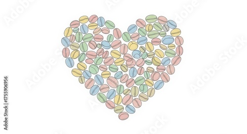 A heart shape composed of numerous pastel-colored oval objects resembling coffee beans or candies, set against a clean white background.