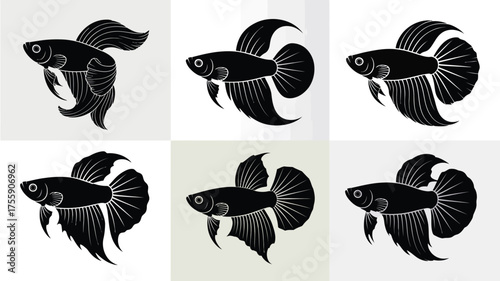 Vector illustration of six elegant black betta fish silhouettes perfect for scalable design elements vector illustration white background