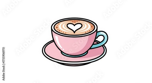 A charming illustration of a pink coffee cup with a heart-shaped design on top, sitting on a saucer.
