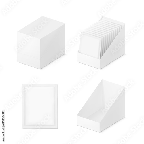 Blank shelf-ready box with sachet mockup. Vector illustration isolated on white background. Easy to use for your product. EPS10.