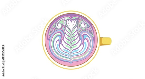 Top-down view of a cup of coffee with latte art in pastel colors.