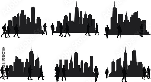 Collection of six city skyline silhouettes with skyscrapers, urban buildings, walking people, standing figures, metropolitan horizon, modern black and white vector