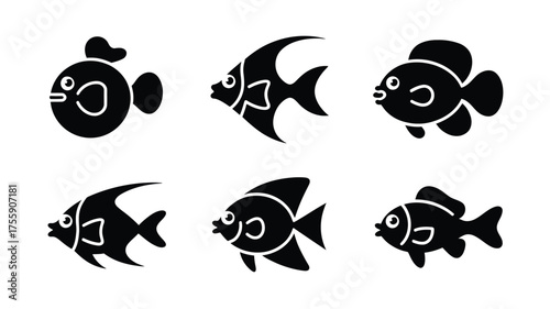 Scalable vector illustration set six diverse cute cartoon fish icons for aquatic designs vector illustration white background