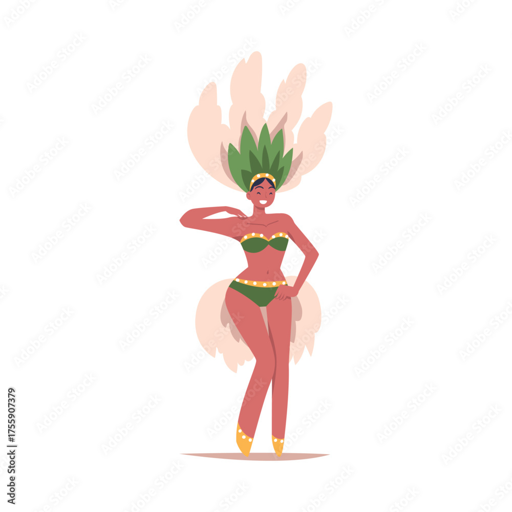Fototapeta premium Woman Dancer at Brazilian Carnival Dressed in Colorful Feather Outfit Dancing Vector Illustration