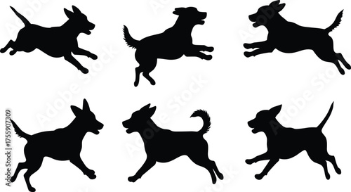 Collection of six dynamic dog silhouettes in playful running and jumping poses, ideal for pet vector design, animal artwork, and decoration