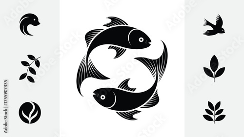 Minimalist black vector illustration yin yang fish icons and nature symbols scalable eps graphic art vector illustration white background