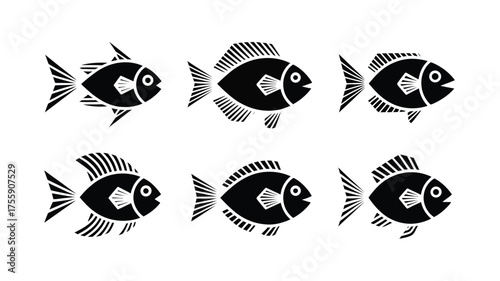 Set of six stylized black fish vector illustrations scalable for diverse design projects vector illustration white background