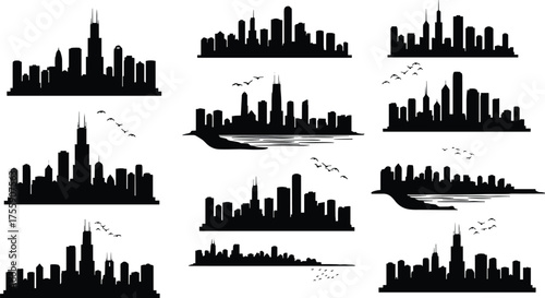 Collection of twelve city skyline silhouettes with skyscrapers, towers, birds, water reflections, urban architecture, metropolitan horizon, modern black and white vector