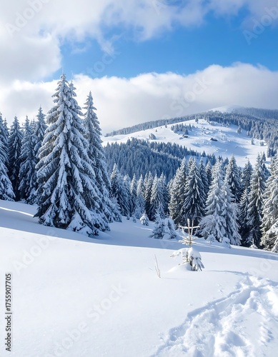 Snow-covered mountain landscape with evergreen trees and a snowy path