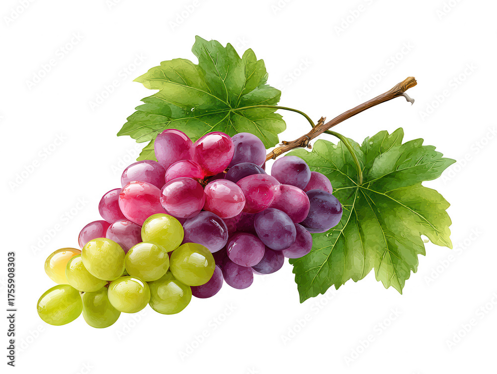 Obraz premium A cluster of ripe grapes in varying shades of green, pink, and purple, accompanied by vibrant green leaves.