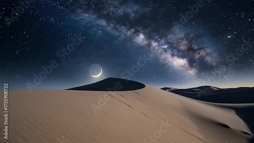 A breathtaking cinematic view of the Milky Way and a crescent moon shining over vast desert sand dunes at night