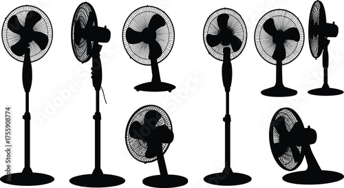 Electric fan silhouettes featuring pedestal, table, and wall-mounted designs with visible blades and grills for industrial and household vector illustration themes