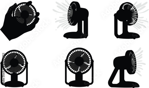 Electric fan silhouettes with airflow effects, hand-held and mounted designs, showing multiple orientations for cooling appliance vector illustration themes