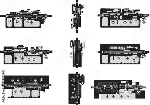 Top view airport layout silhouettes illustration, detailed aviation terminal plan, airplane parking area design, modern airport infrastructure vector, global air travel architecture concep