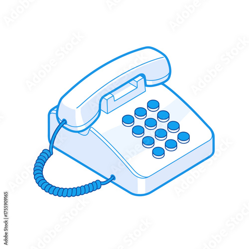 Isometric illustration of a white landline telephone with blue accents.