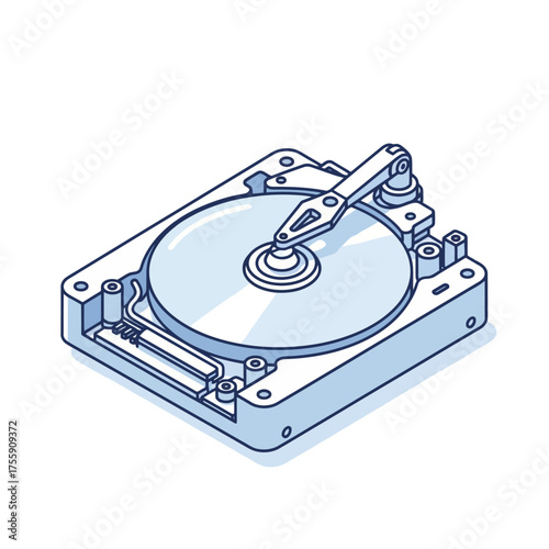 Isometric illustration of a hard drive with a visible platter and read/write head.
