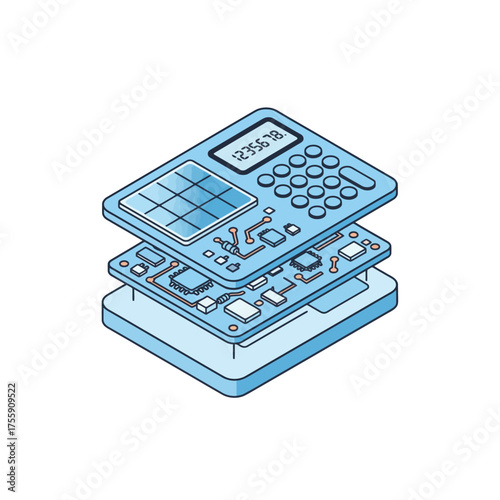Exploded view of a calculator showing internal components and circuit boards.