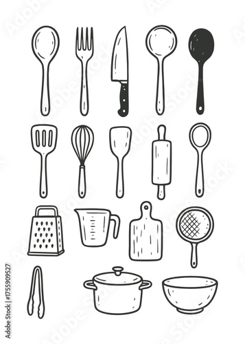 Hand-Drawn Kitchen Utensils Vector Set Cooking Tools and Culinary Line Art Collection